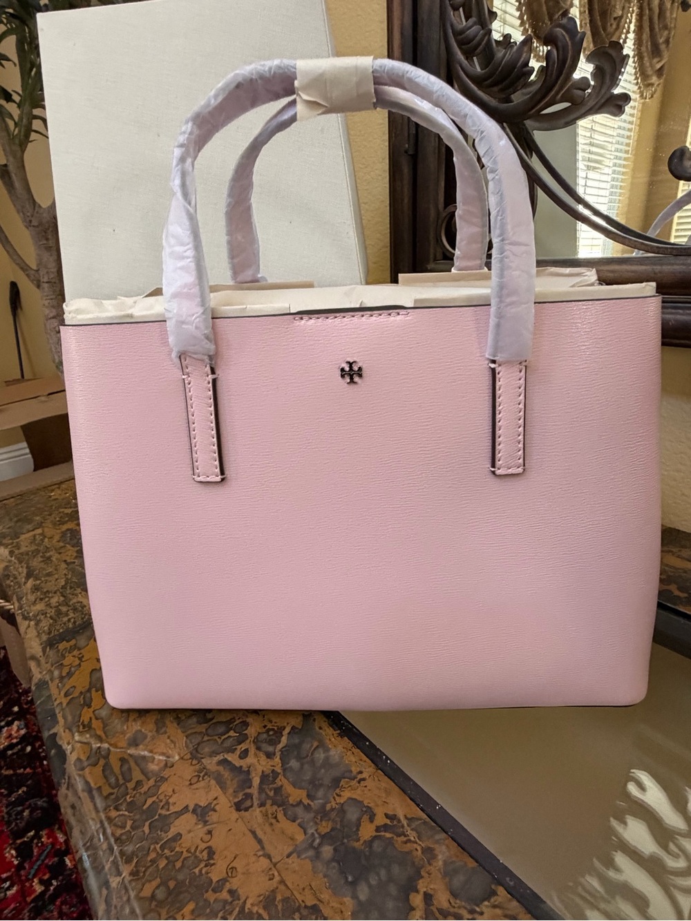 Tory Burch Pale Pink Leather Tote with Double Top Handles